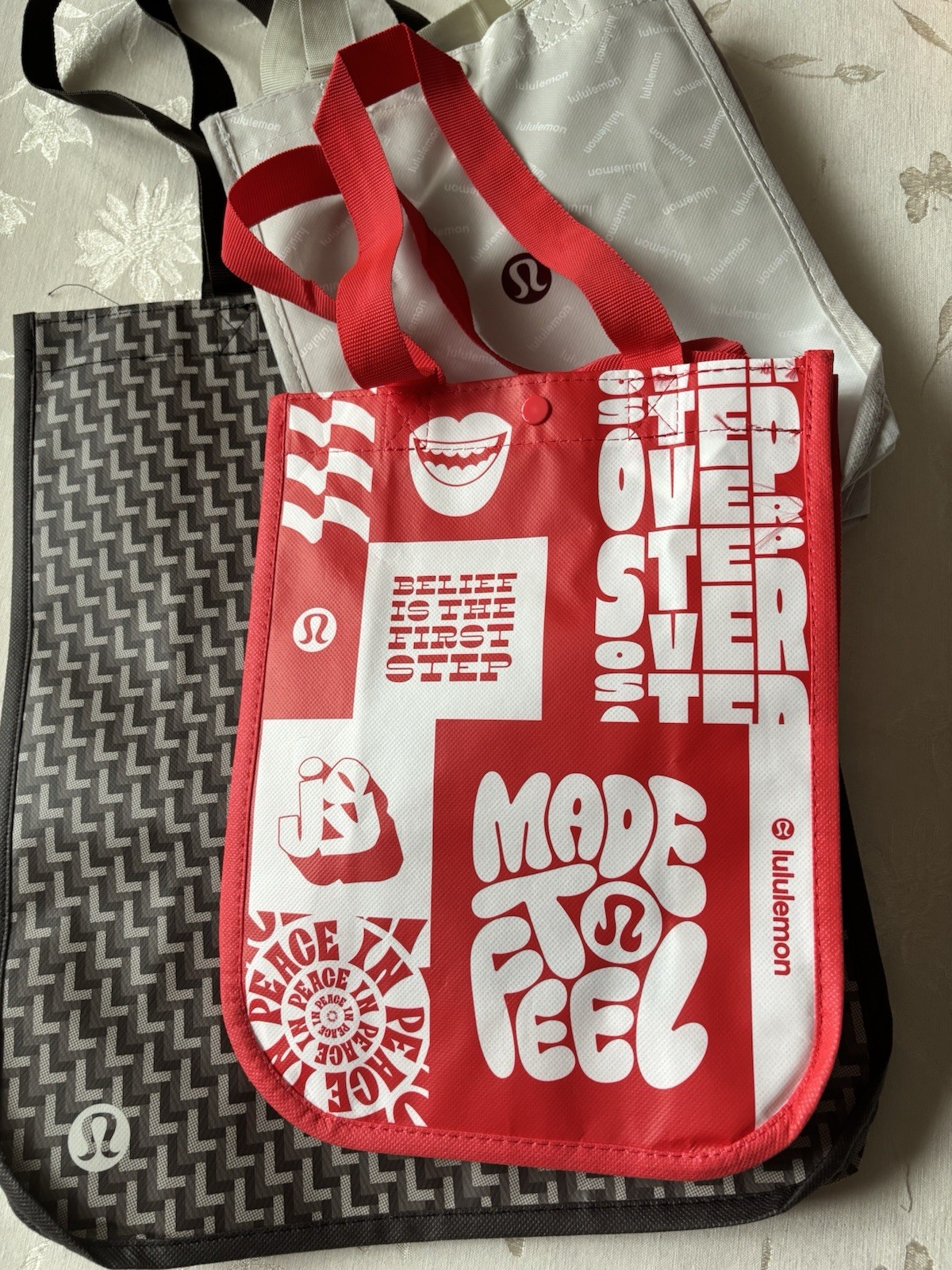 Lululemon Reusable Shopping Tote Bags Large Logo Small Red Grey Lot of Three