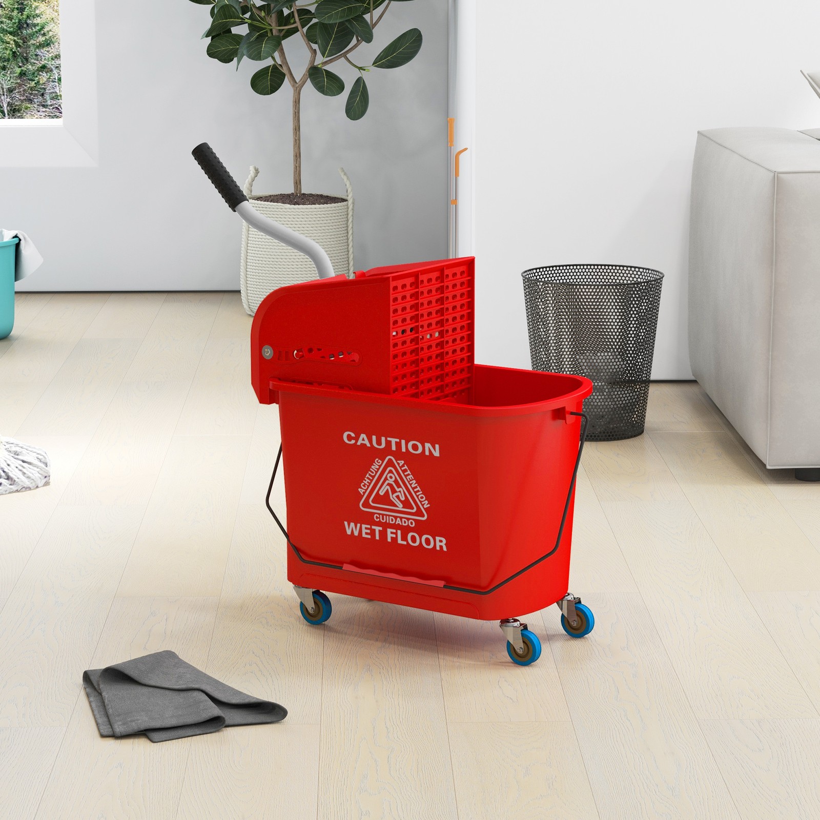 HOMCOM Mop Bucket with Wringer on Wheels for Floor Cleaning 21 Quart Red