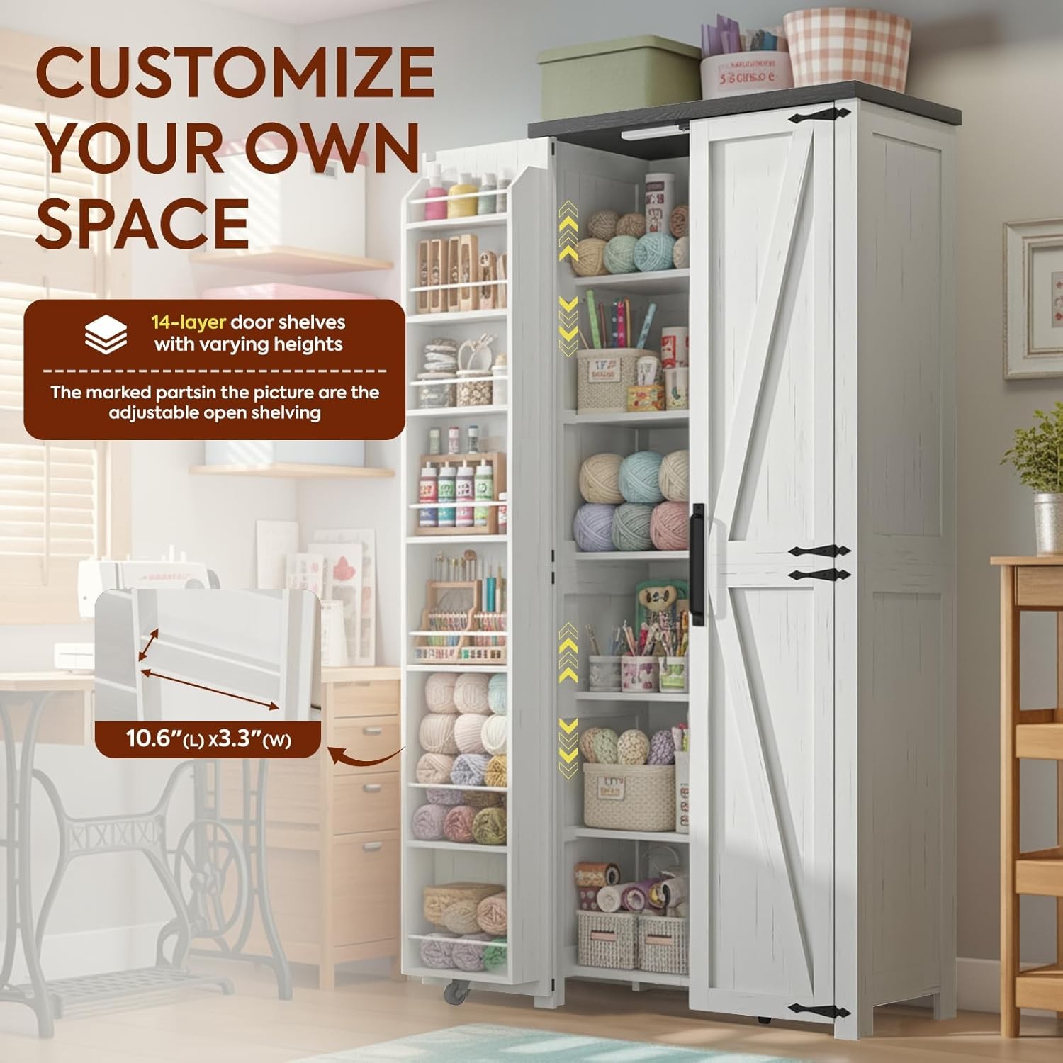 Craft Storage Cabinet with LED Lights​​ – 72″ Adjustable Shelves Sewing