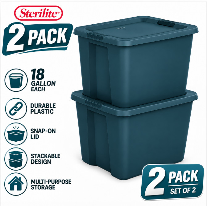 2 Pack 18 Gallon Storage Bin Plastic Container w Lid Teal Stackable Tote