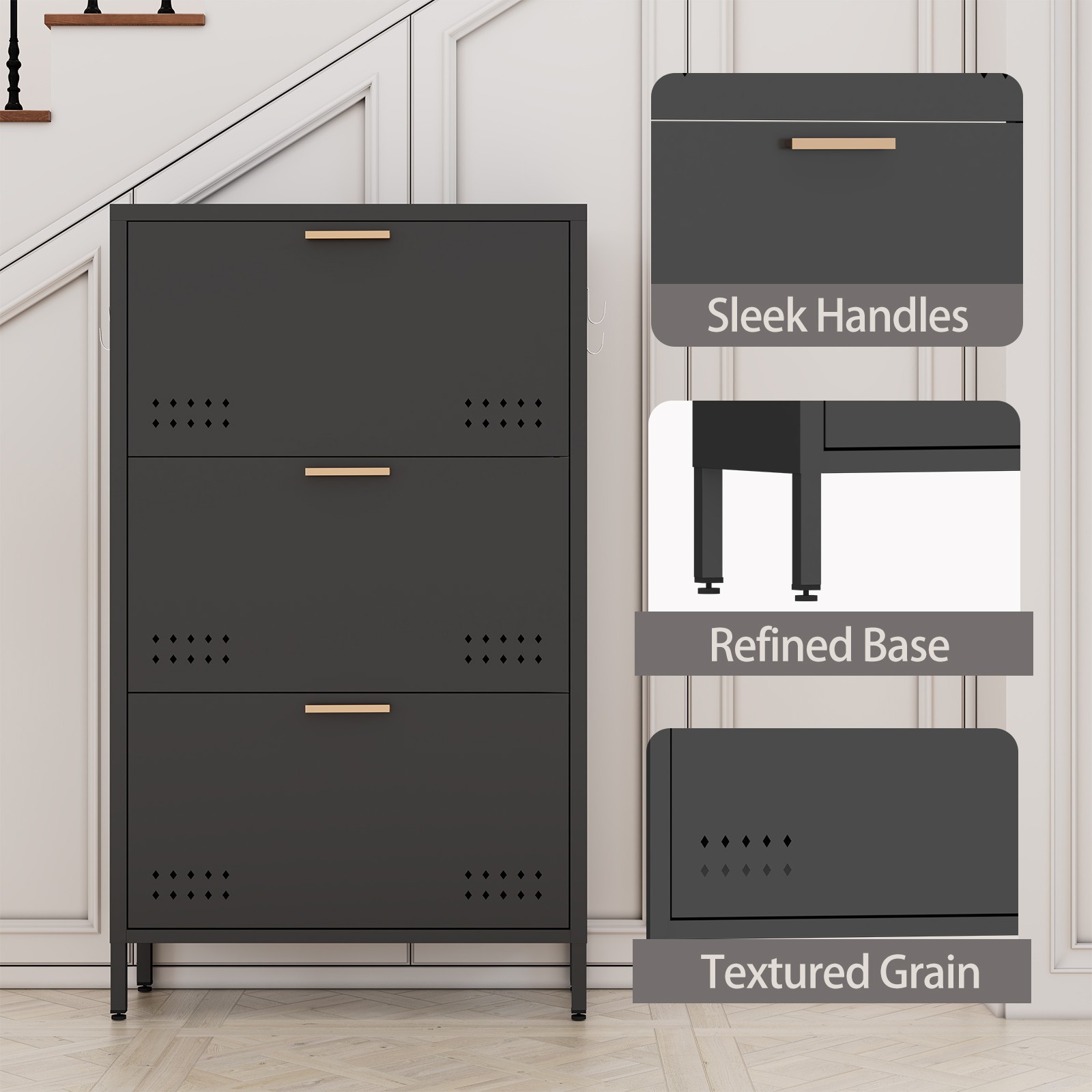 Shoe Cabinet with 3 Flip Drawers, Hidden Metal Shoe Cabinet for Entryway Hallway