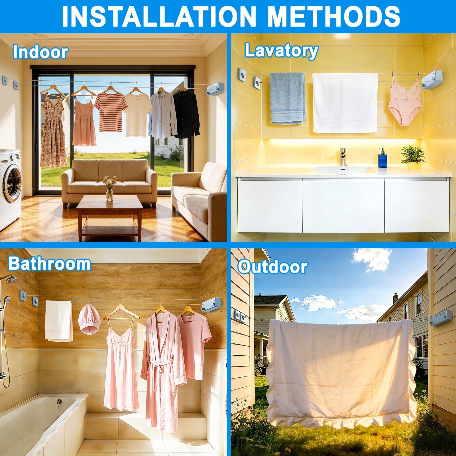 Retractable Clothesline 304 Stainless Steel 33lb Load Indoor/Outdoor Wall Mount