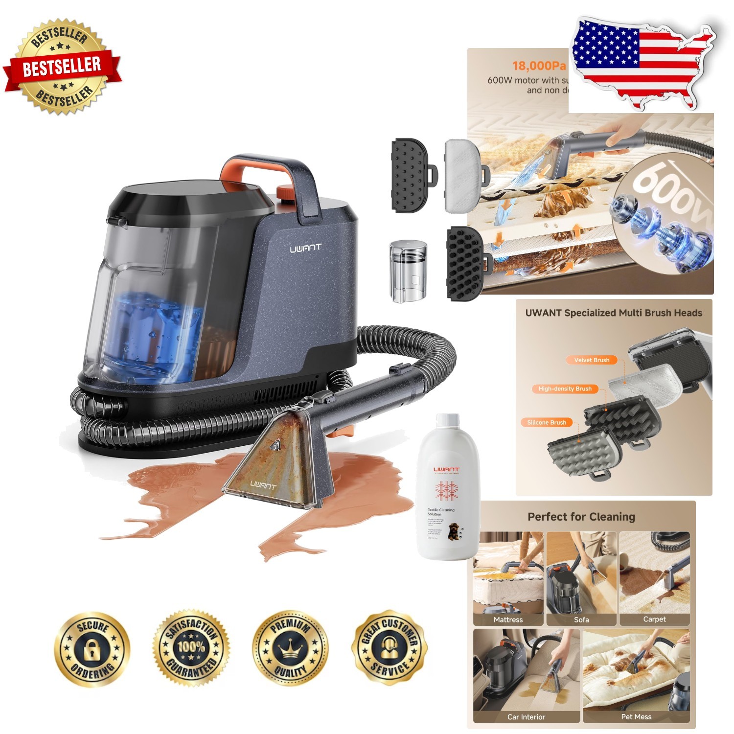 Powerful Carpet Cleaner 18Kpa Spot Machine 2.4L Tank for Cars Couch Upholstery