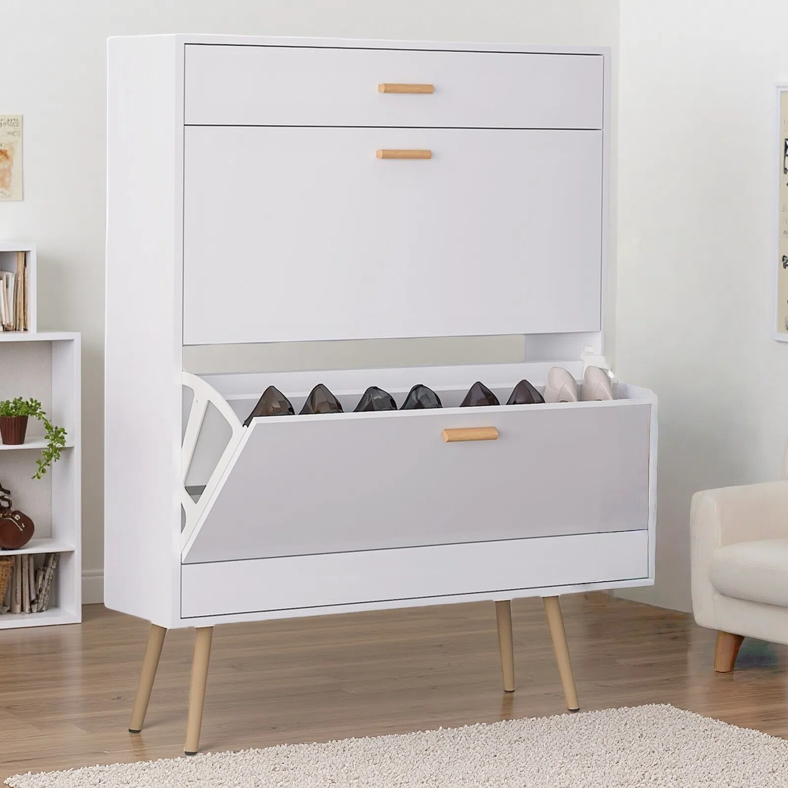 White 2 Flip Drawers Shoe Cabinet, Luxury Shoe Storage & Shoe Rack