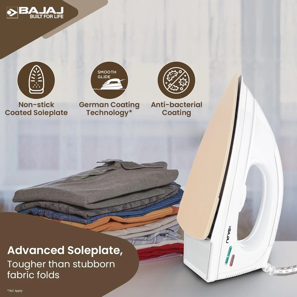 Bajaj DX-7 1000 Watts Dry Iron | Advance Soleplate Light Weight Iron White 220V