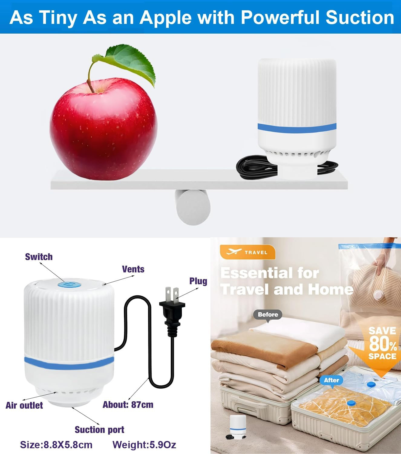 Electric Pump for Vacuum Storage Bags Travel Vacuum Pump for Various Sealing Bag
