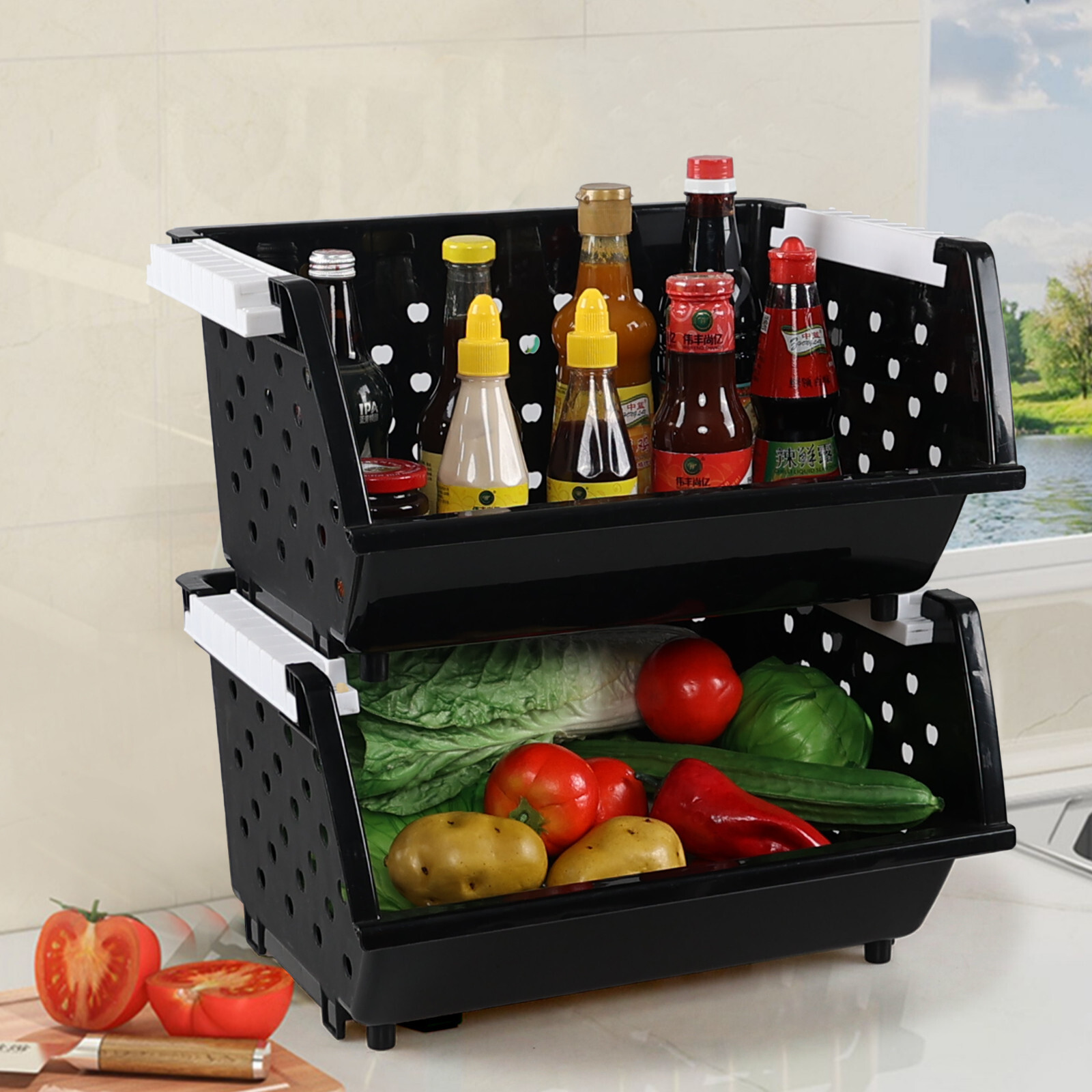 4 Packs Stackable Storage Basket Bin, Plastic Kitchen Storage Baskets, Black