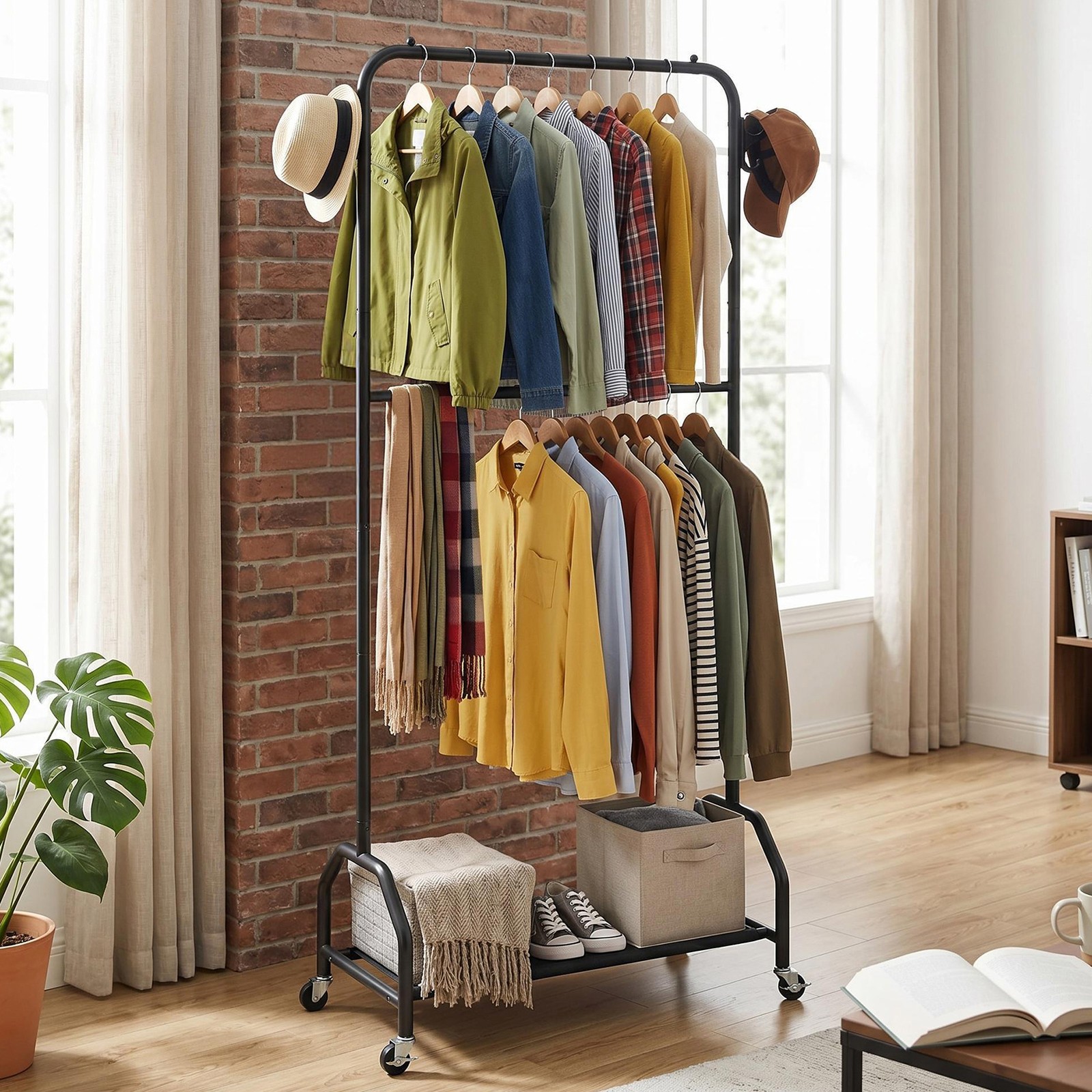Double Rod Hanging Clothes Rack Oxford Cloth Bottom Shelf Shoe Organizer