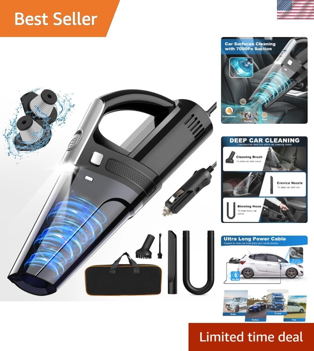 Lightweight Portable Car Vacuum with 7000PA Suction Power & Multi-Cleaning Tools