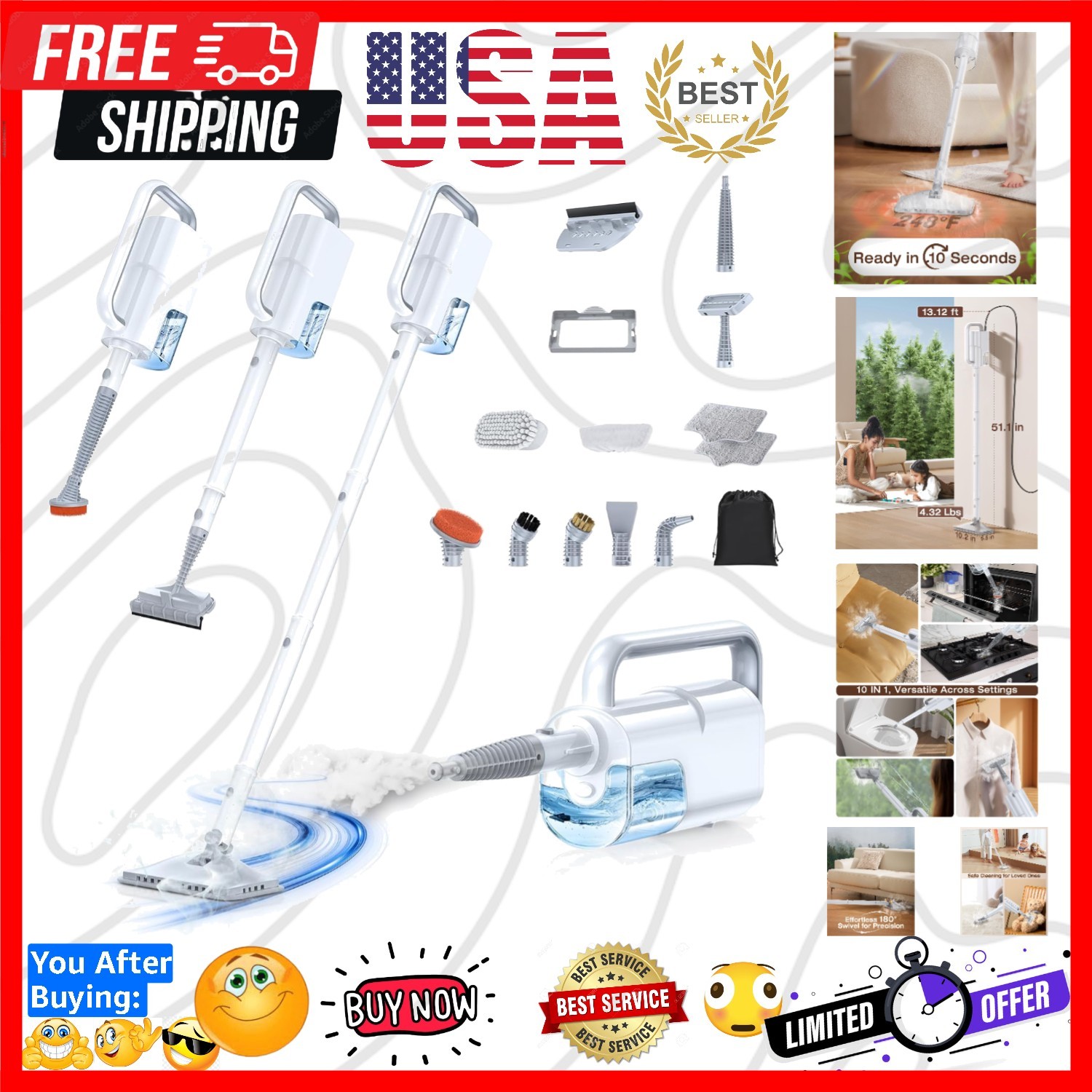 10-in-1 Steam Mop with Detachable Handheld Steamer, 350ml Tank, 10s Heat-Up, …