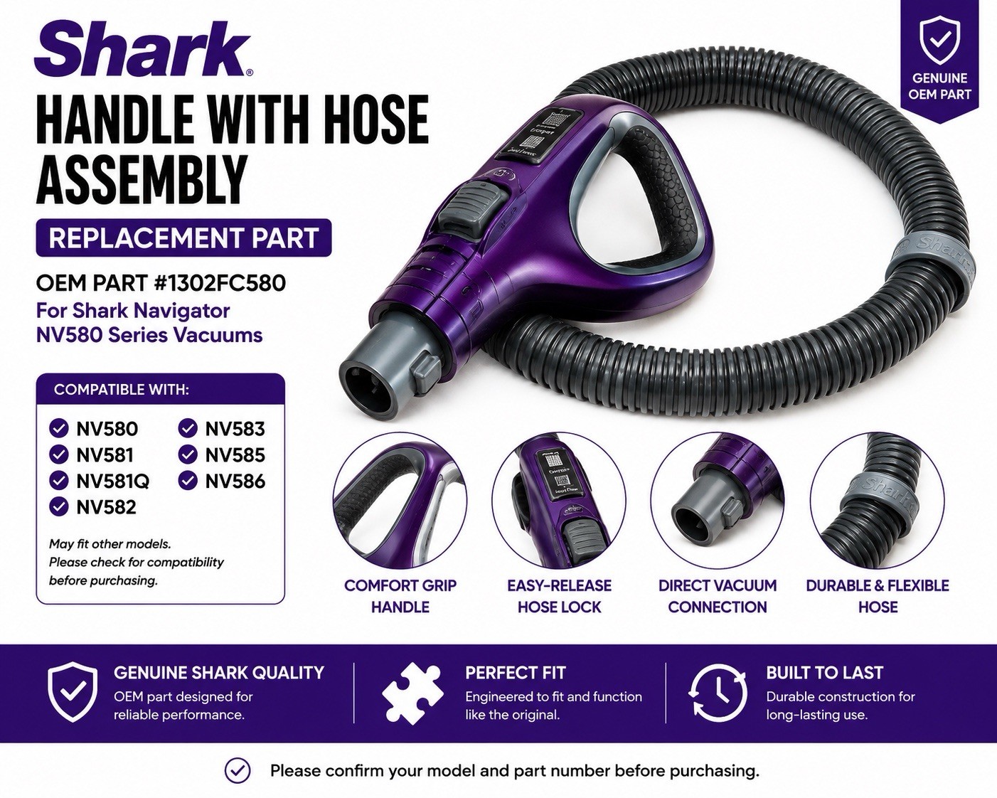OEM Shark 1302FC580 Handle with Hose NV580 NV581 NV581Q NV582 NV585 NV586