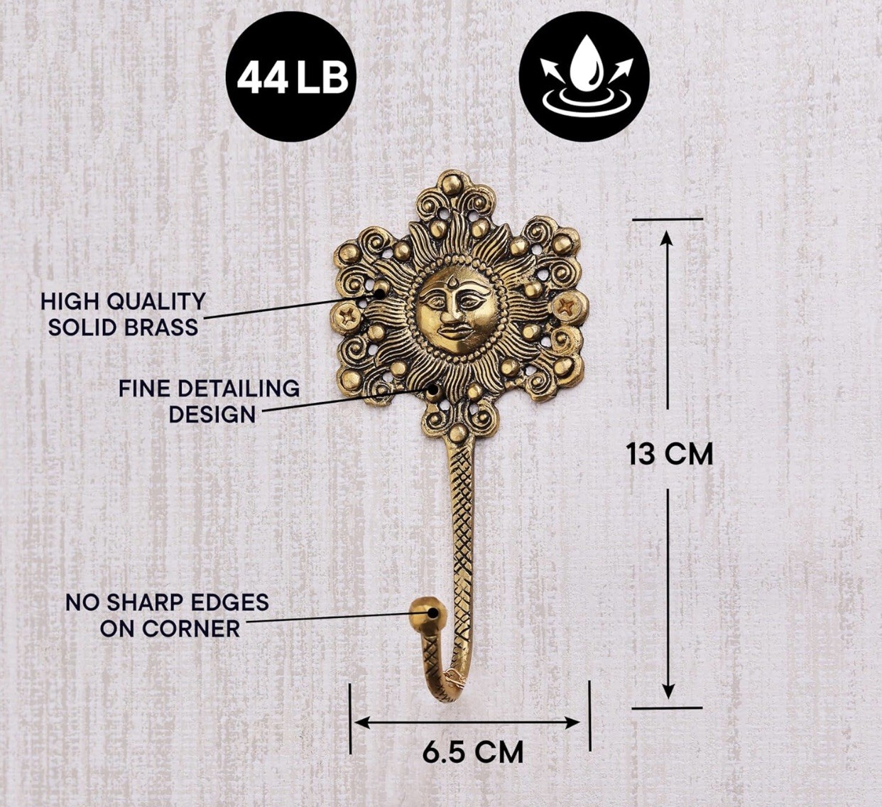 Handmade Yellow Brass Sun God Face Single Wall Hook Hanger Decorative Gift Piece