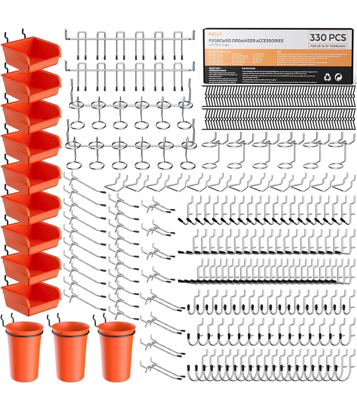 Incly 330 Pcs Upgraded Pegboard Accessories Organizer Kit, 1/8” And 1/4” Board