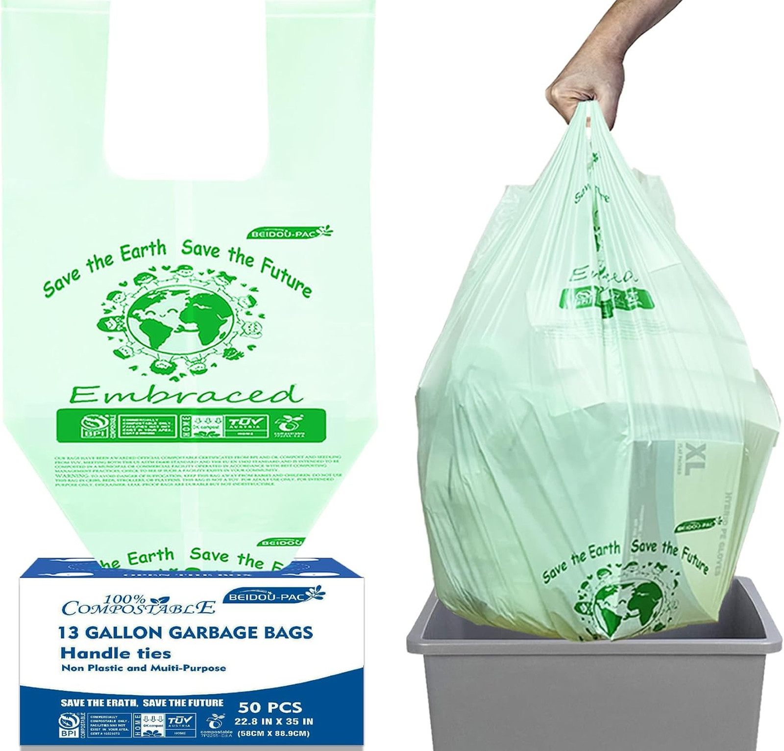 13 Gallon Compostable Trash Bags with Handles, 50 Count, Food Scrap Waste, ASTM