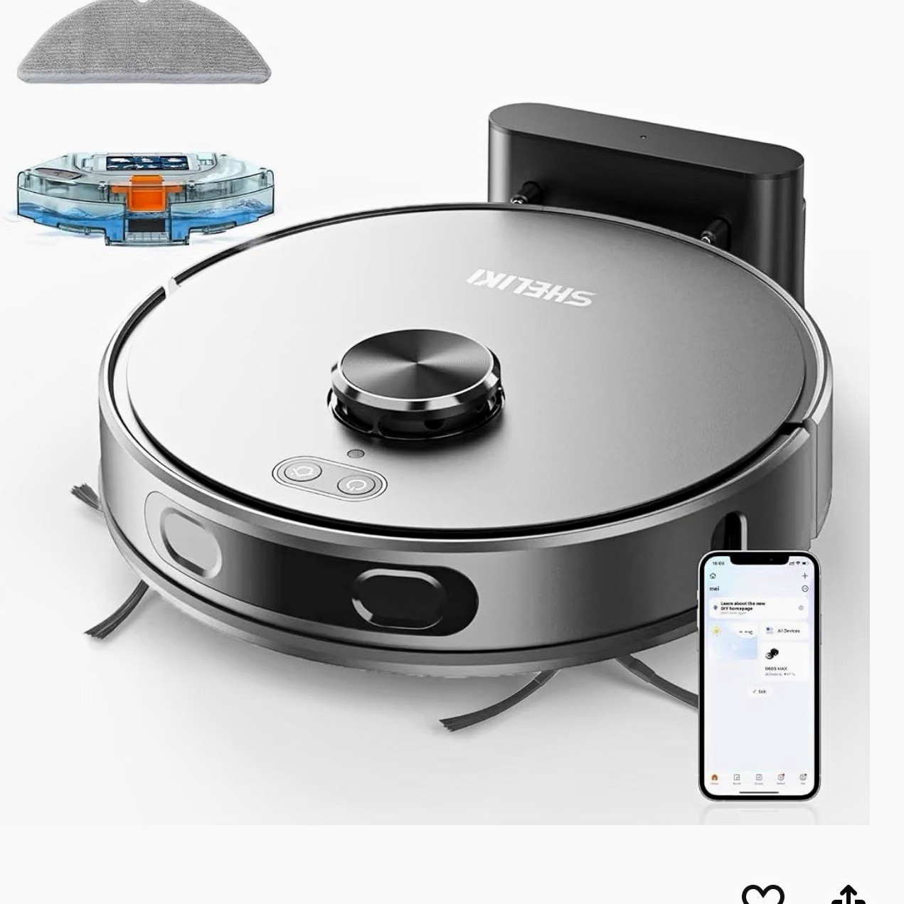 SHELKI Robotic Vacuum Silver/Black App Control Cordless Bagless Dock Mop