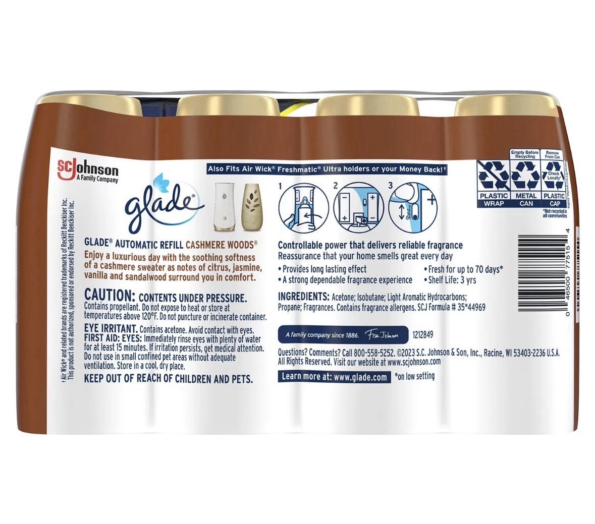 Glade Automatic Spray Air Freshener Refills, Cashmere Woods, 4 ct.