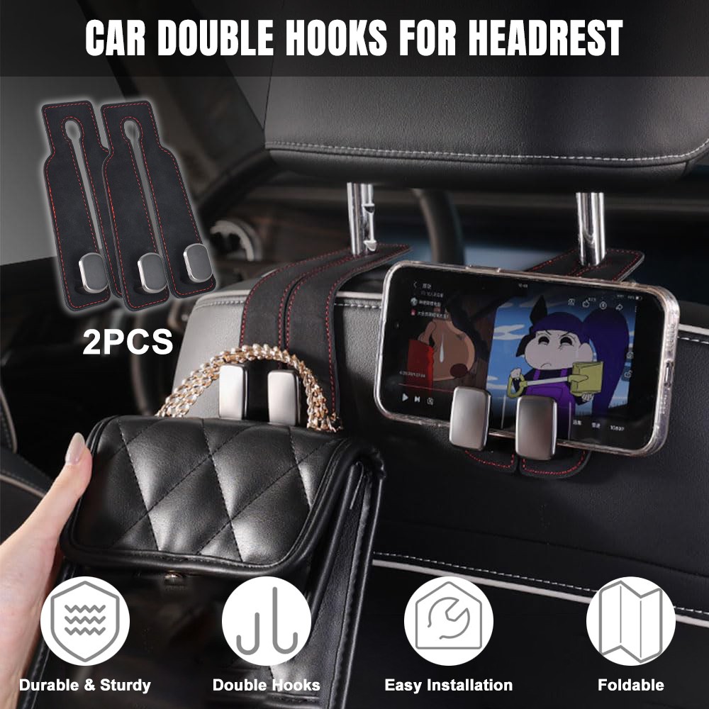 2x Car Headrest Double Hook Leather Seat Back Hanger Holder for Purses Bag Black