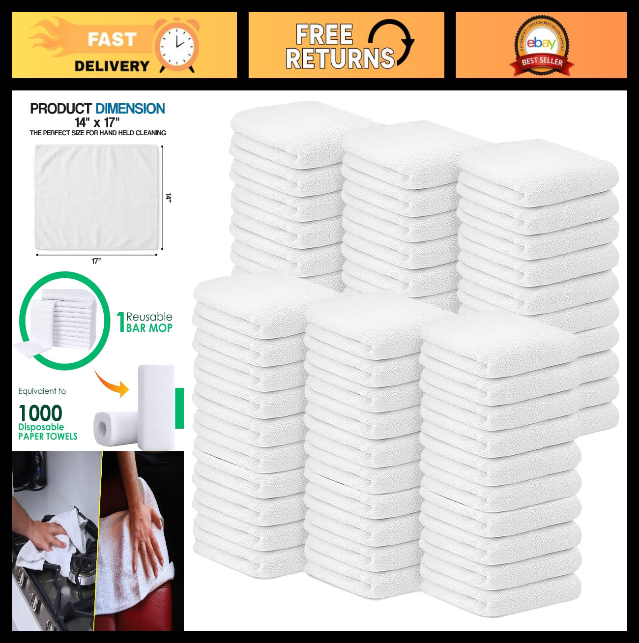 60 Pack 14×17 Inch Cotton Towels – Absorbent Reusable Cleaning Rags, Terry Cloth