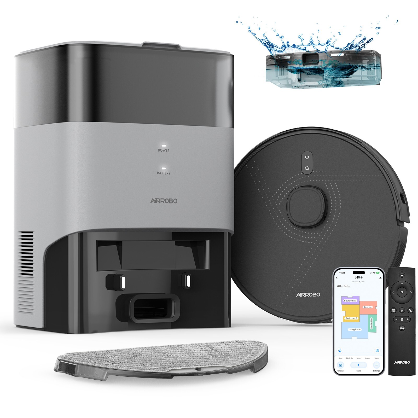 AIRROBO L40+ Robot Vacuum and Mop Self-Empty Home Mapping 3000Pa 180Min 3.5L