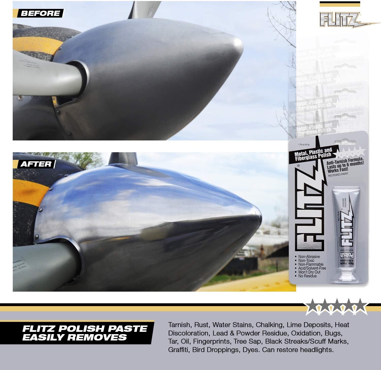 FLITZ Metal Plastic Fiberglass Polish Paste Cleaner Tube 1.76oz 50 Gram BU 03511