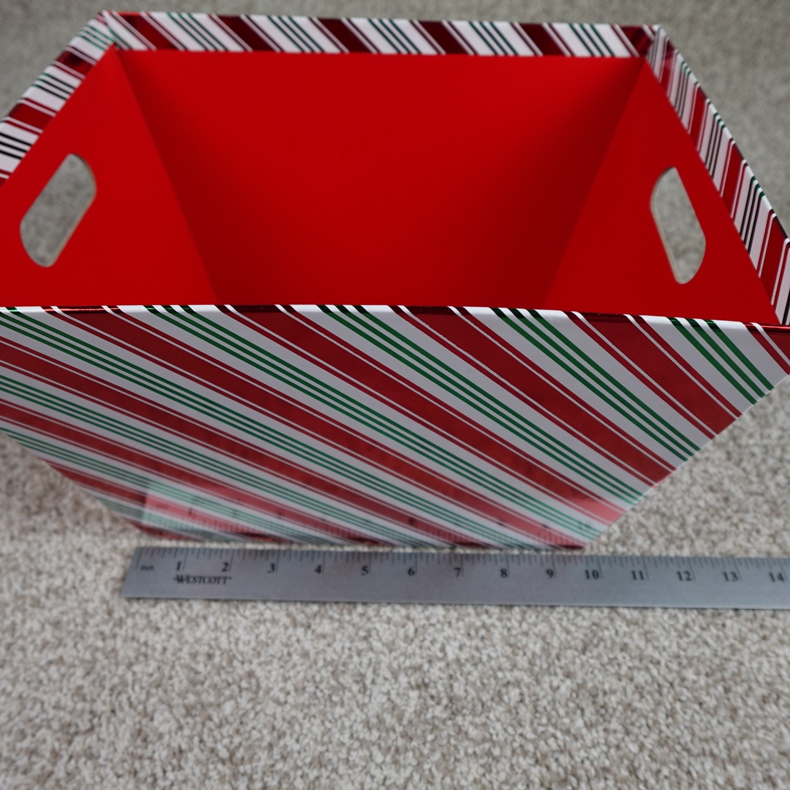Holiday Christmas Candy Cane Striped Storage Bin Red Green White Foil Basket