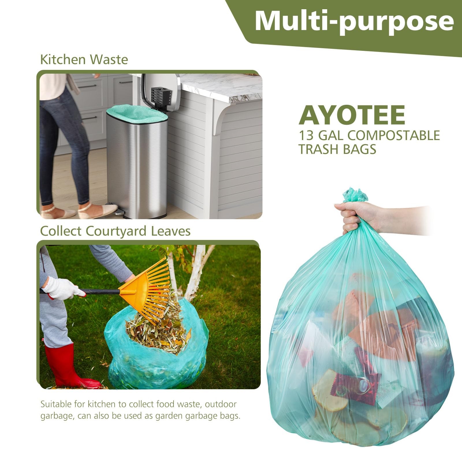 AYOTEE Compostable Trash Bags 13 Gallon Tall Kitchen Trash Bags 45 Count Biodegr