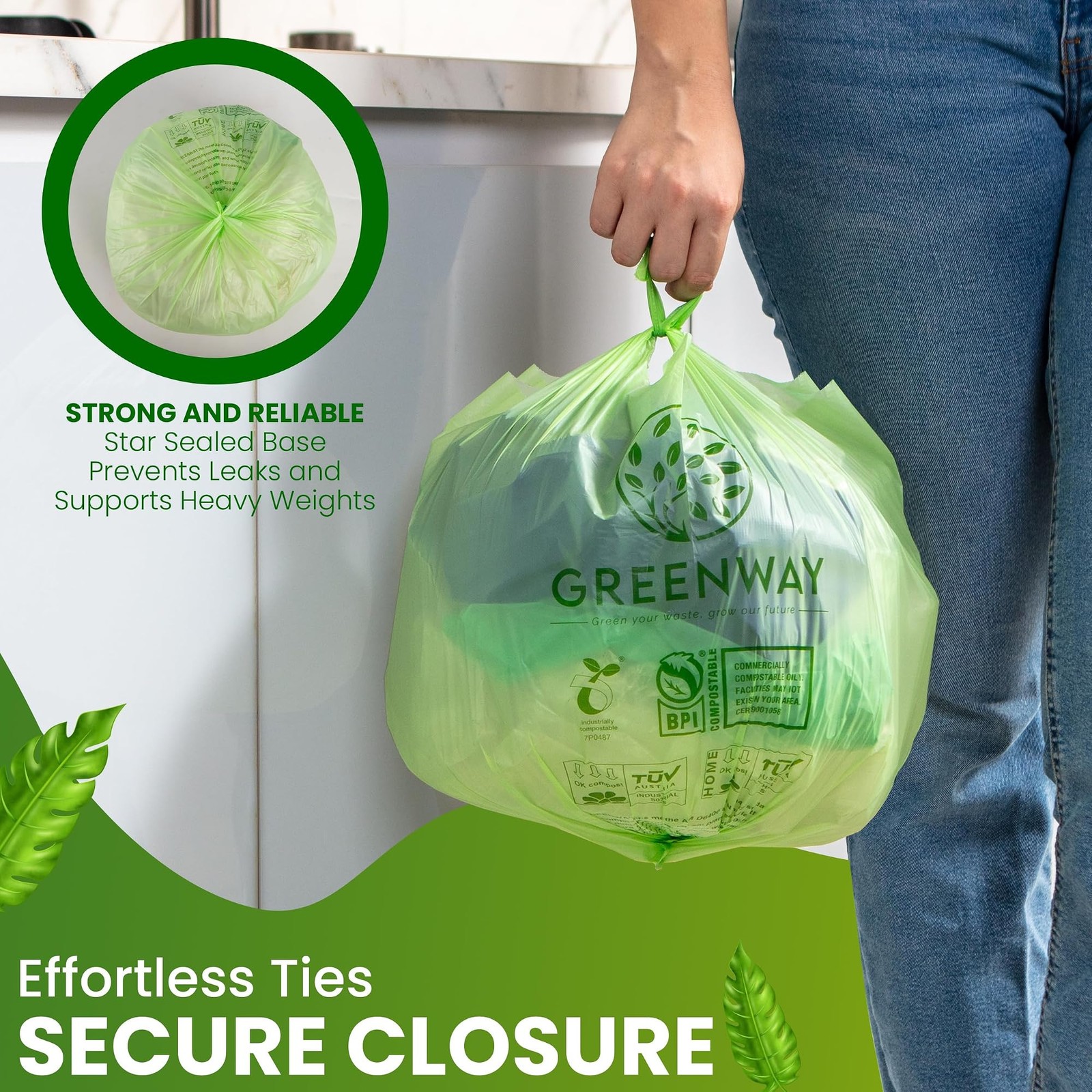 GREENWAY 3 Gallon Compostable trash Bags with Handles,100 Count, Extra Thick …