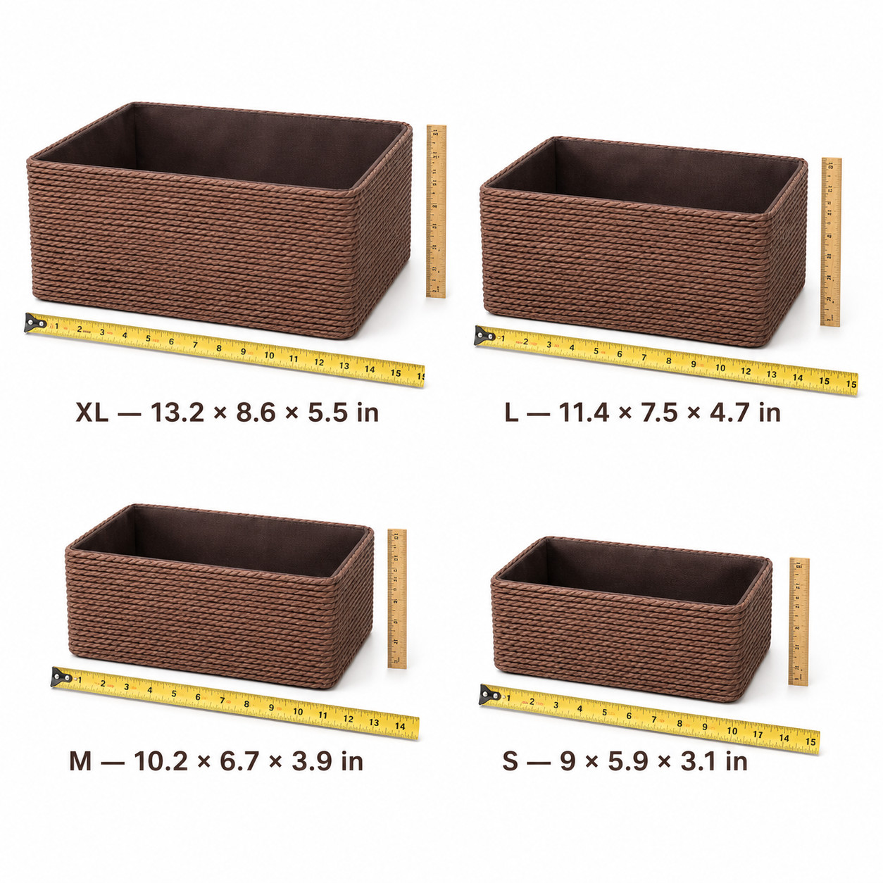 4-Piece Woven Storage Basket Set Recycled Paper Rope Organizer Bins Brown