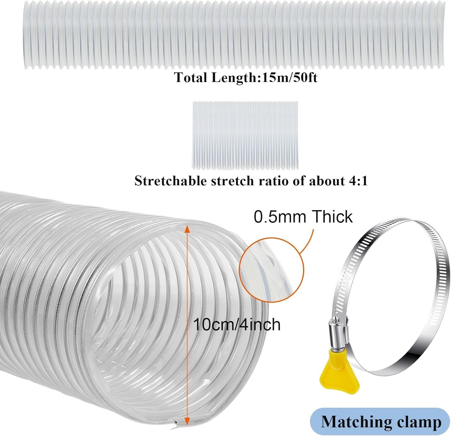 4 Inch x 50 Ft Heavy-Duty PVC Dust Collection Hose with Flexible Design & Clamps