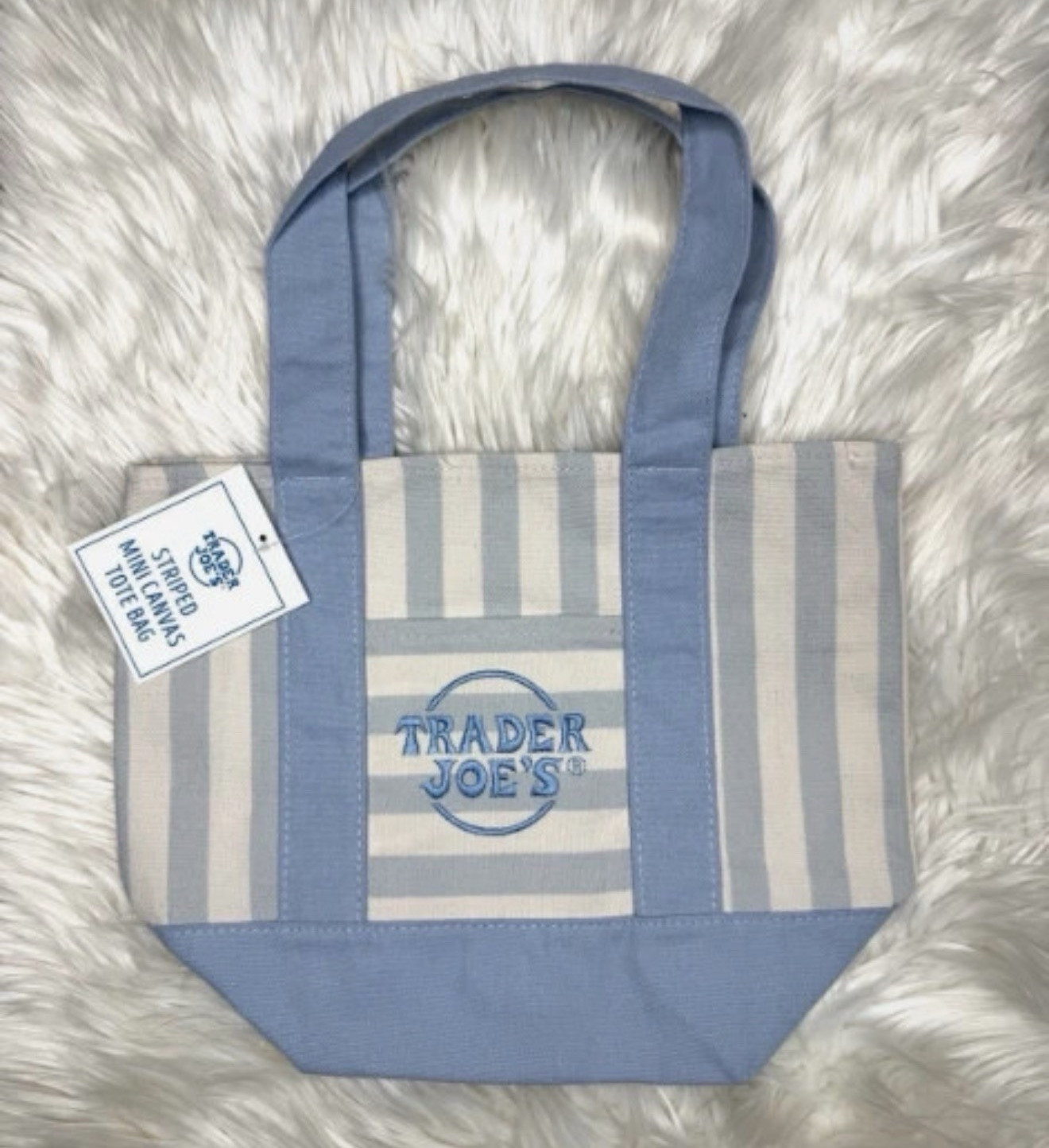 Trader Joe’s Mini Canvas Tote, Striped Reusable Blue/White/Gray 8×10.5×4.5″
