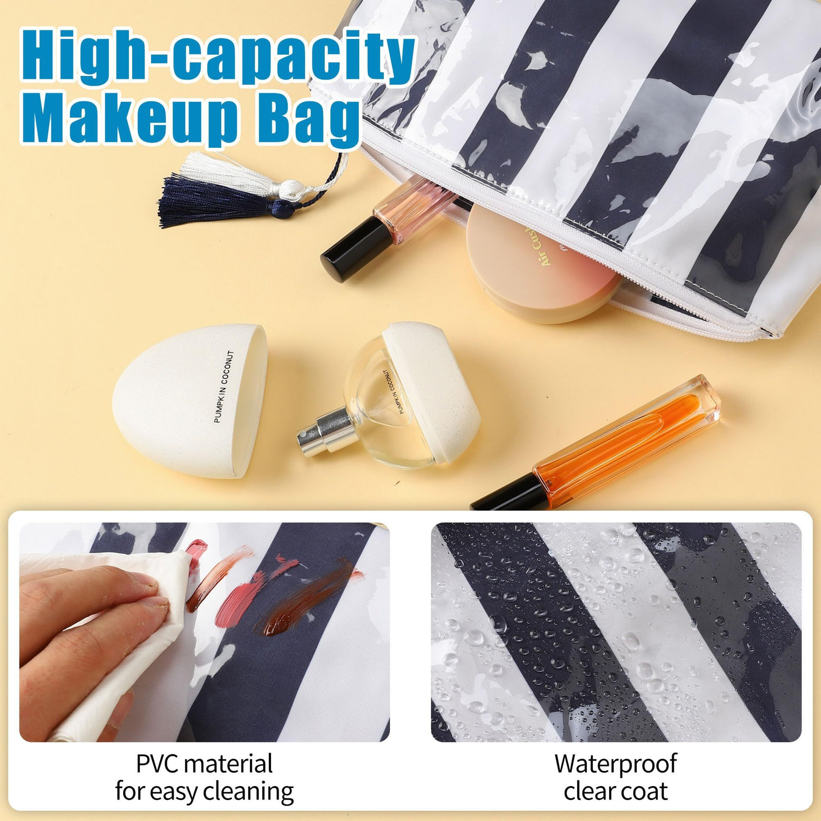 Fozira Makeup Bag for Purse, Small(9.84in*4.33in*5.91in), Blue+White Striped