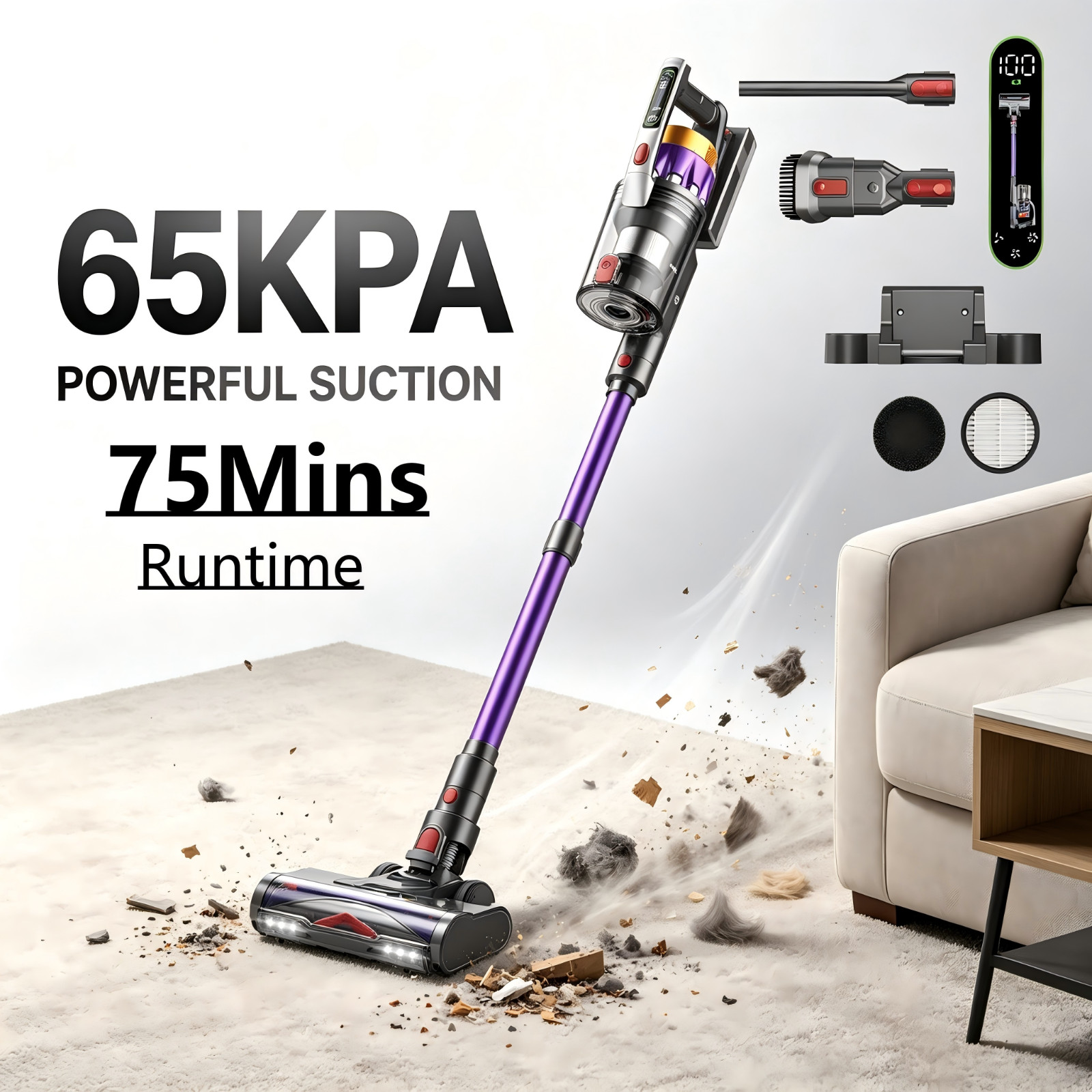 65KPA Cordless Vacuum Cleaner 75mins Stick Self-Standing Carpet Hardwood Floor