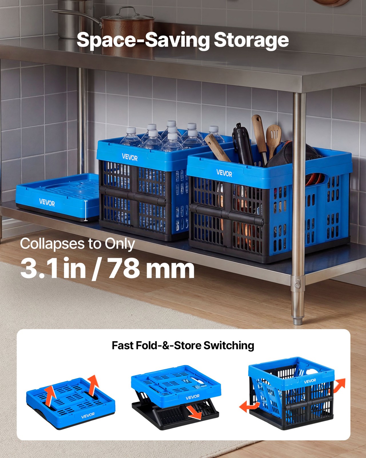 VEVOR Plastic Collapsible Storage Bins 25L 3 Packs Stackable Fold Storage Crates