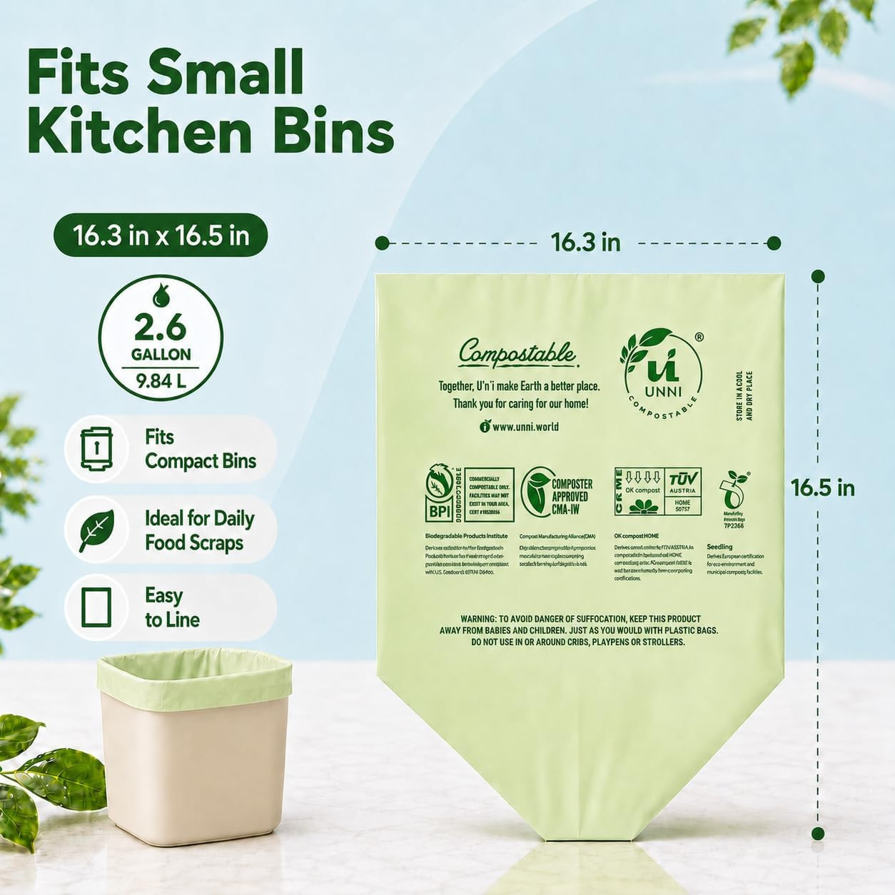 UNNI Compostable Trash Bags, 2.6 Gallon / 9.84 Liter, 100 Count, Extra Thick 0.7
