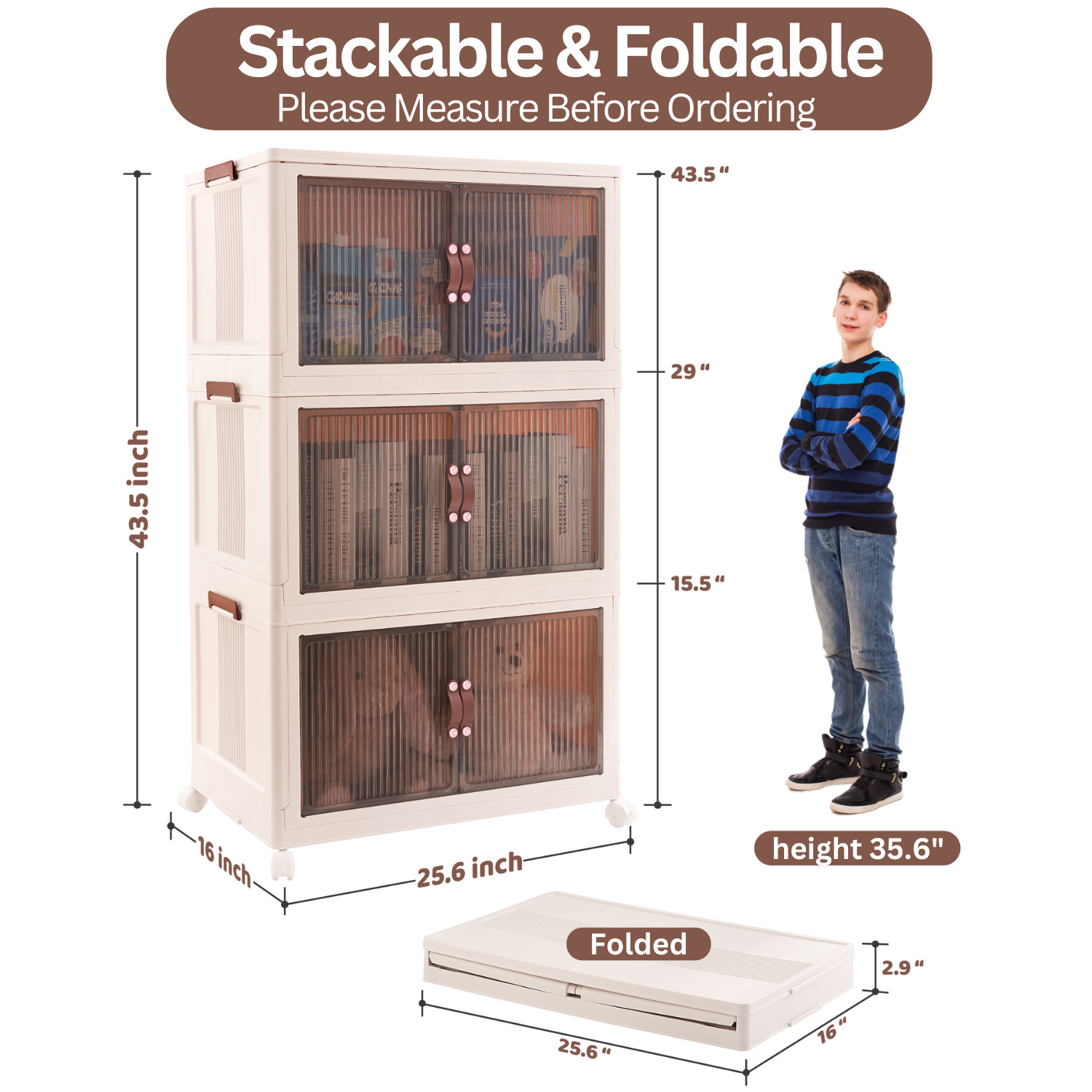 3 Pack – Collapsible Storage Cabinet – Foldable Storage Bins with Doors – 95 QT