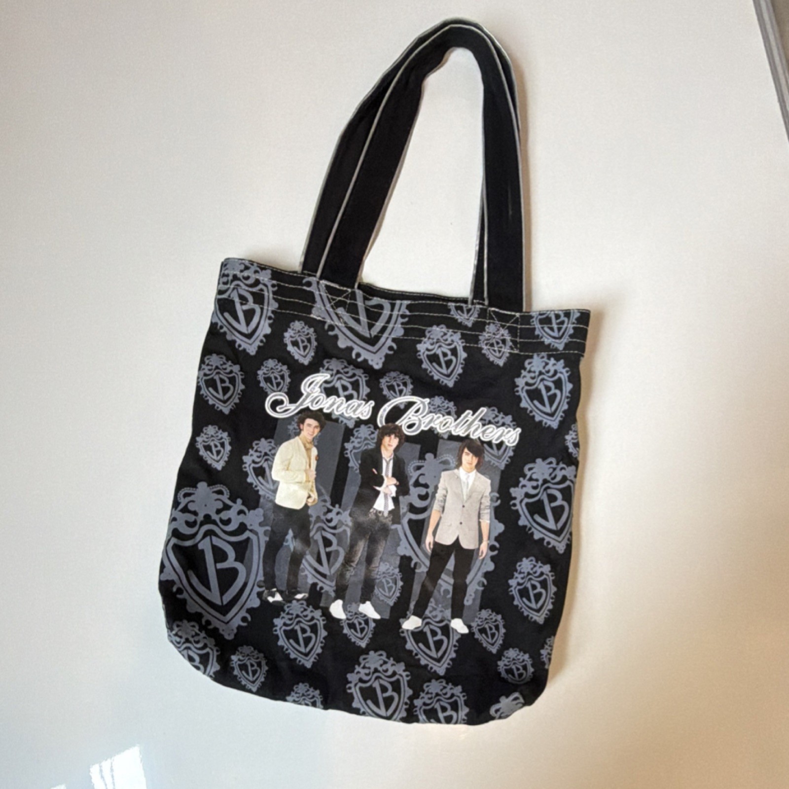 Jonas Brothers Reusable Canvas Shopping Bag Foldable Black All-Over Pattern