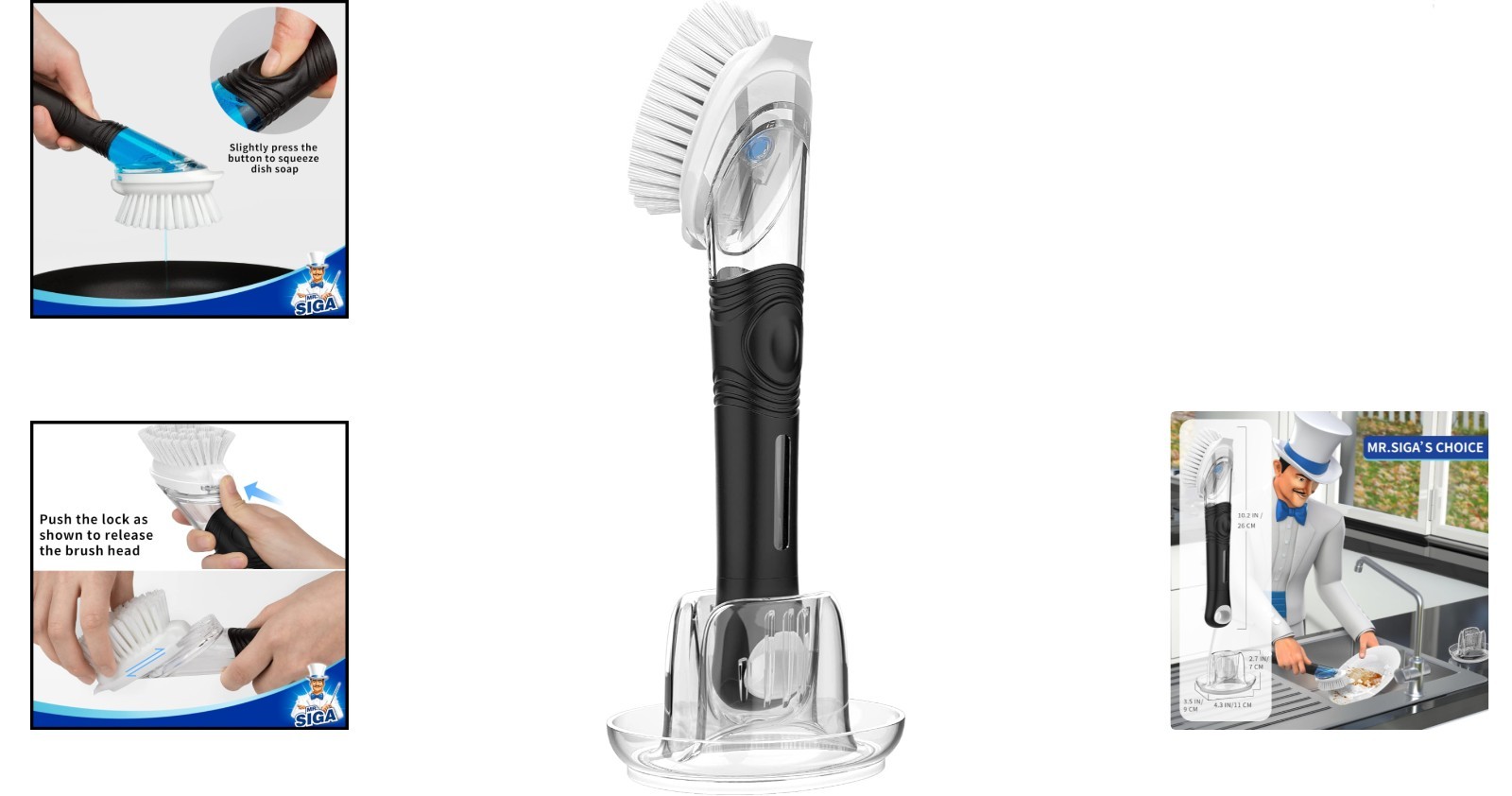 Integrated Soap Dispensing Dish Brush and Holder – Effortless Kitchen Cleaning