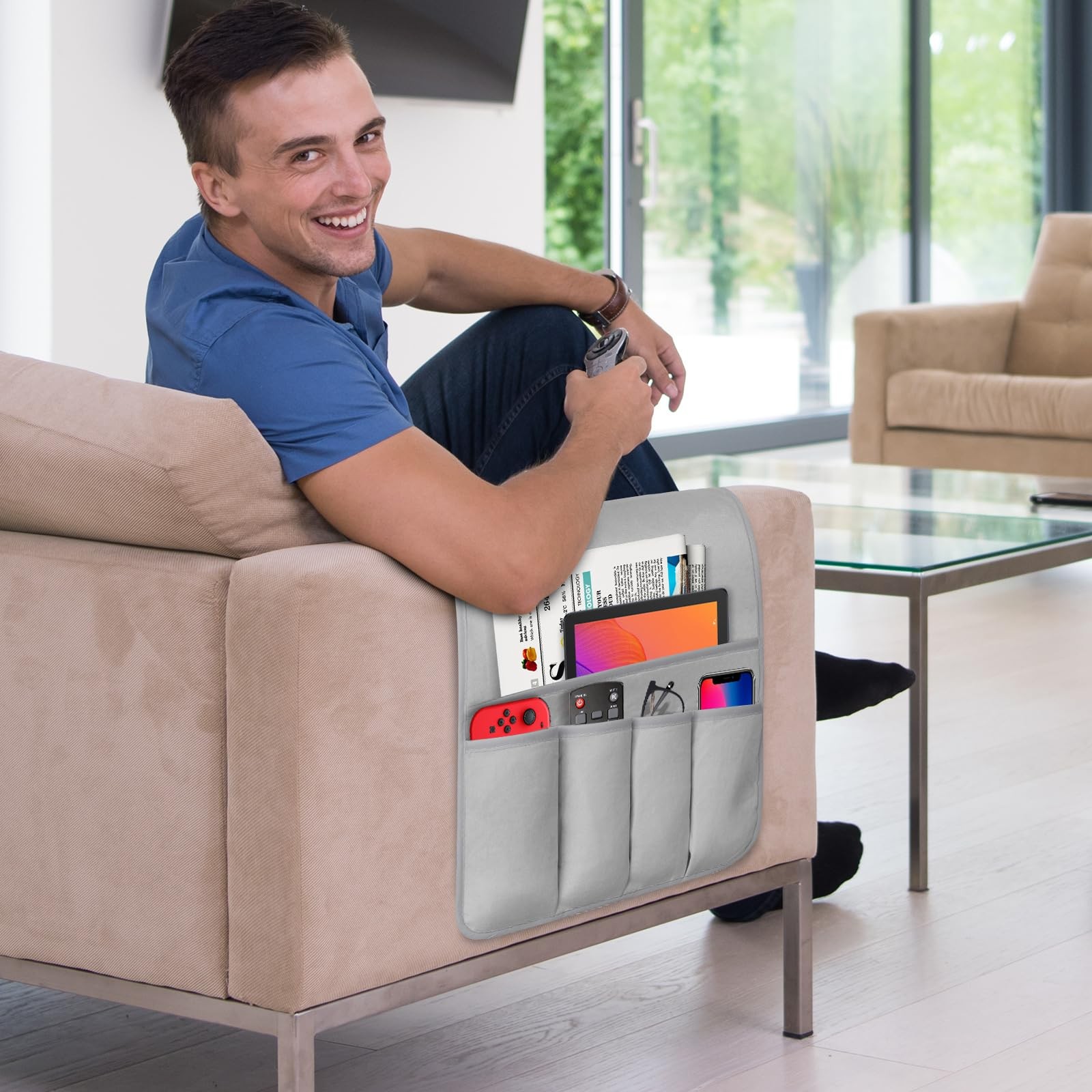 Remote Control Holder Armchair Couch Caddy TV Bed Storage 35×12.4 LightGray