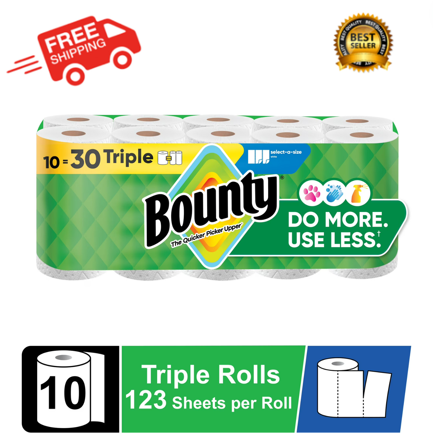 Bounty Paper Towels Select-A-Size White, 10 Triple Rolls, 123 Sheets Per Roll