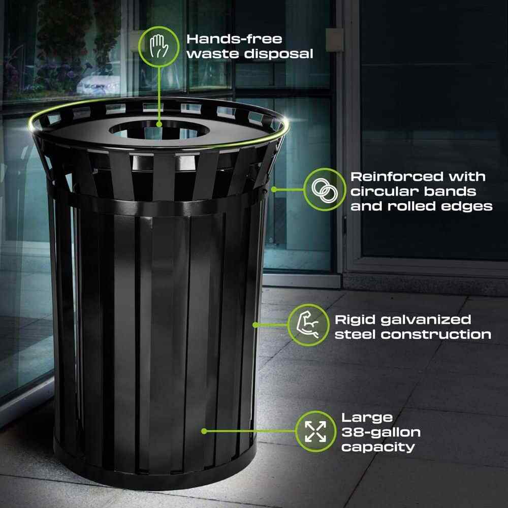 Alpine Industries Trash Can Receptacle W/ Liner Metal Slatted 38 Gal Black NEW