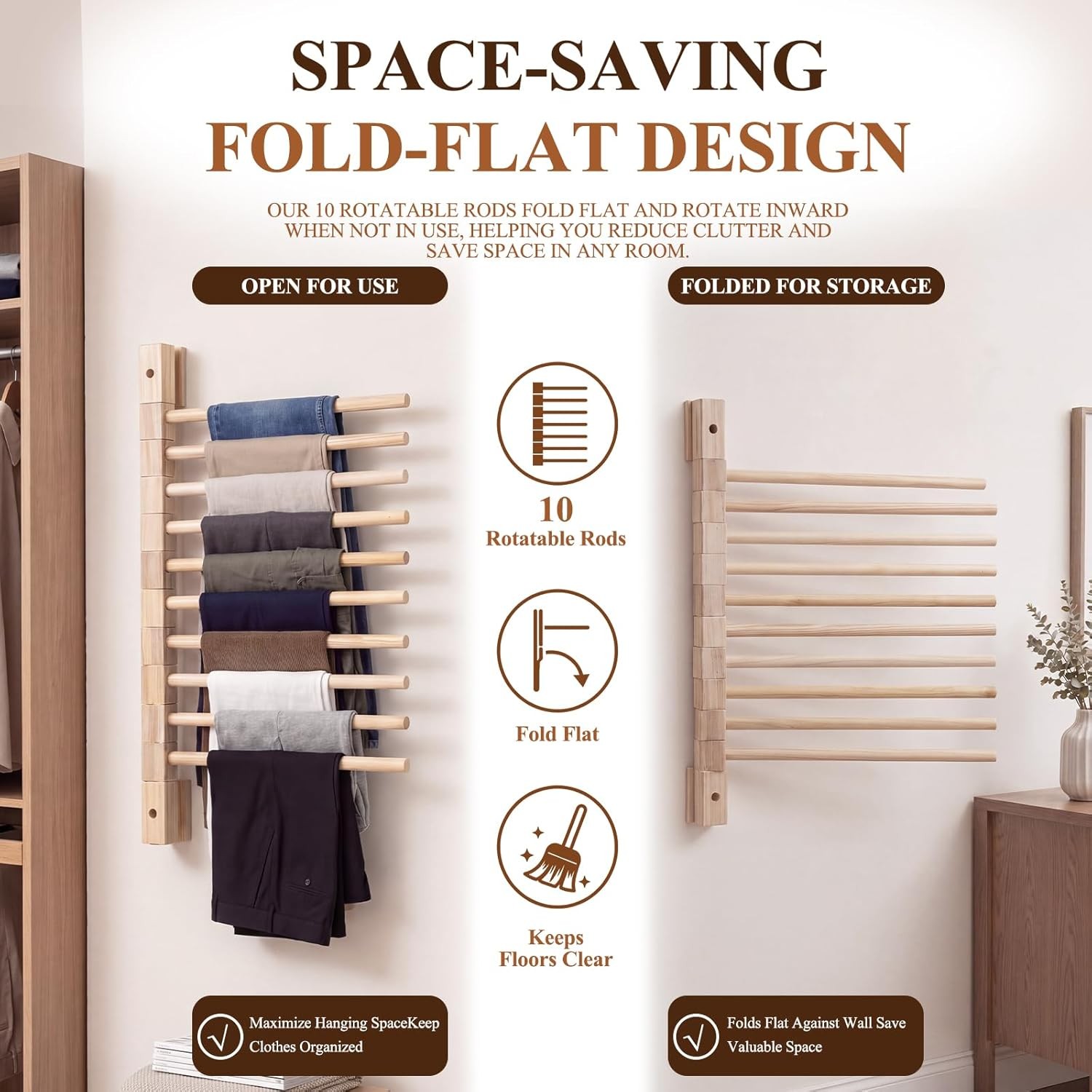 Wall Mounted Wooden Trouser Rack 10-Rod 13.8In Wooden Poles Hanging Organizer