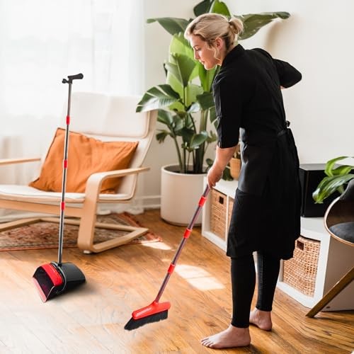 Broom with Dustpan Combo Set 54″ Long Handle Adjustable Length Black and Red
