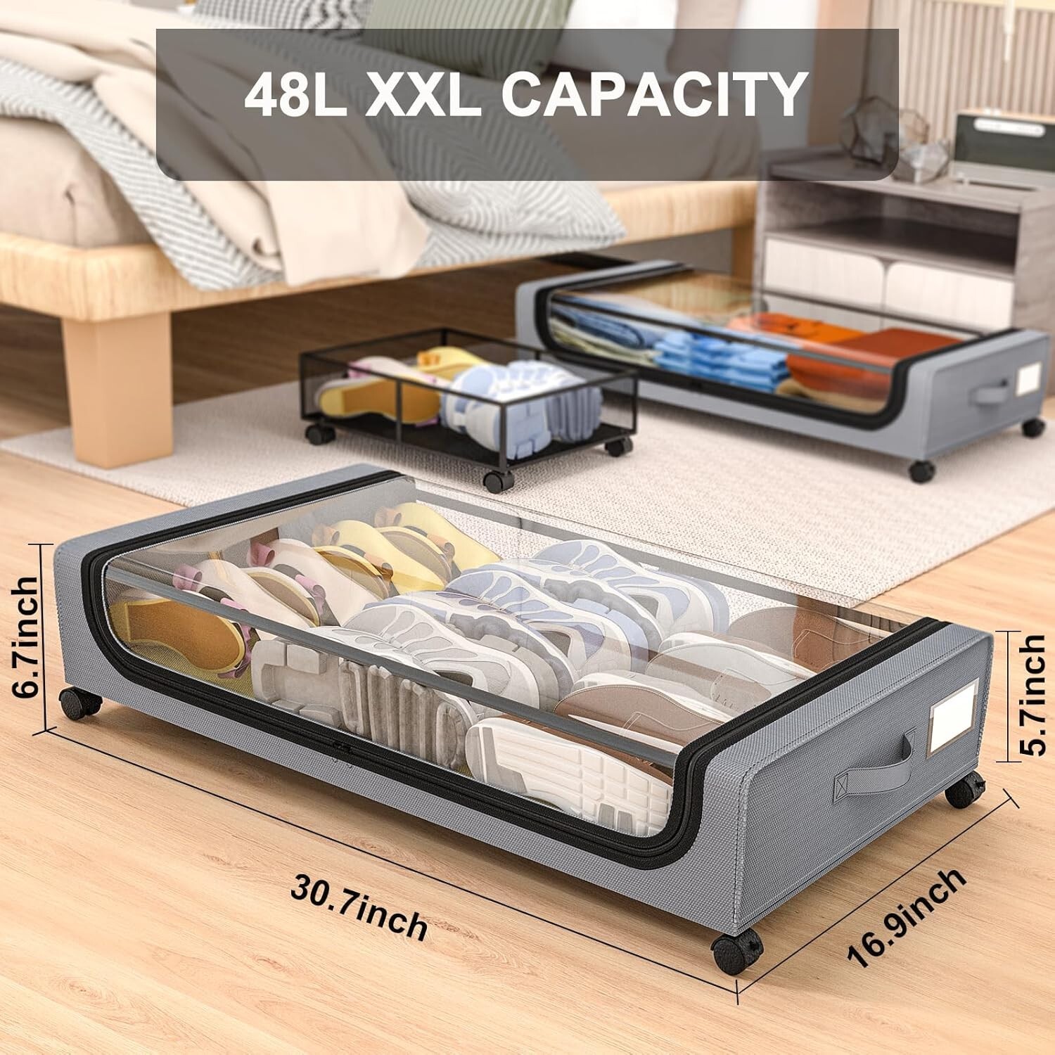 GoMaihe XXL Under Bed Storage | 2-Pack Rolling Bins with Clear Lids for Clothes