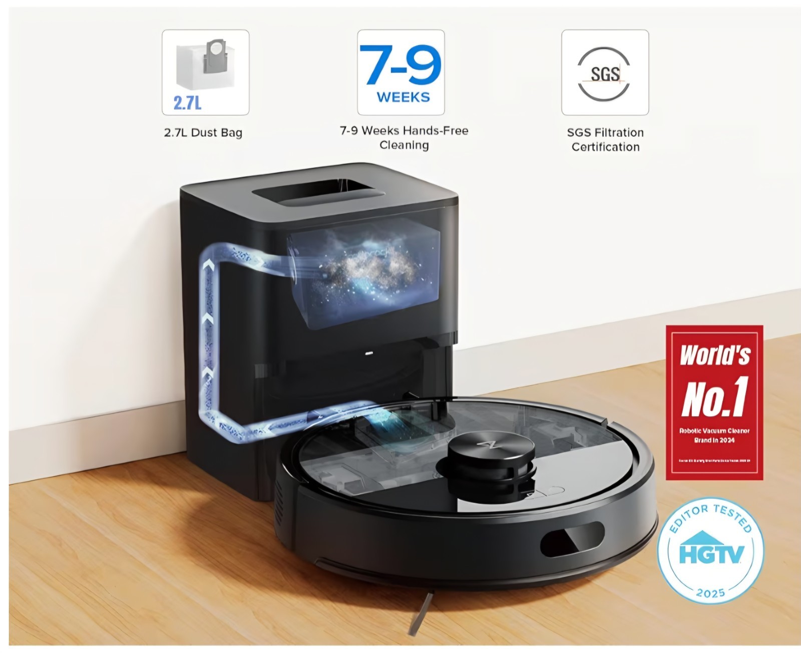 Roborock Q7 M5+ Robot Vacuum Self-Empty Dock, App Control, Wi-Fi, 2.7L, Black