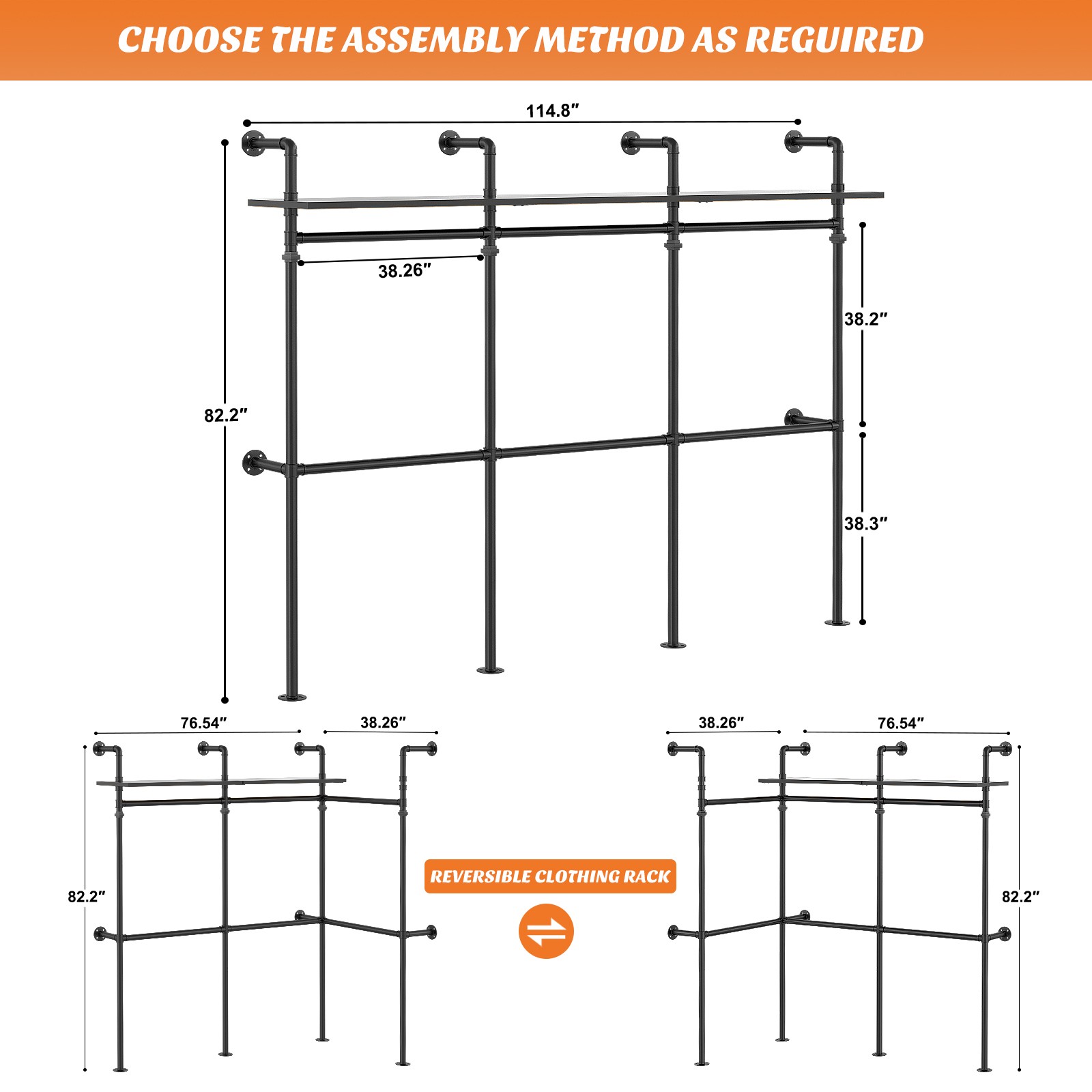 Open Box Wall Mounted Clothes Rack Industrial Pipe Closet System with LED Light