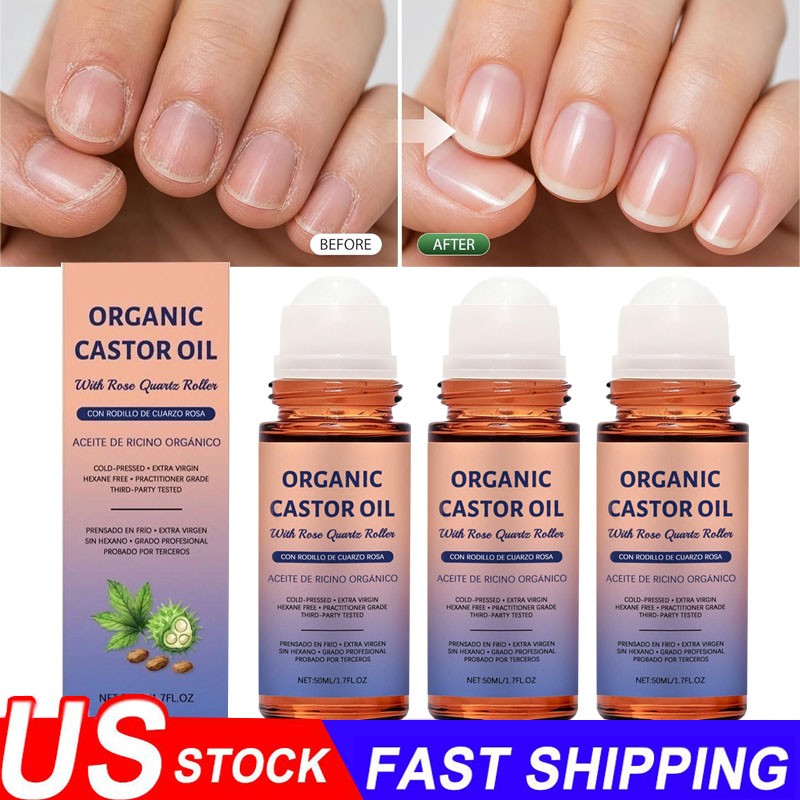 3x Organic Golden Castor Oil Roll-On with Rose Quartz for Skin,Hair&Wrinkle
