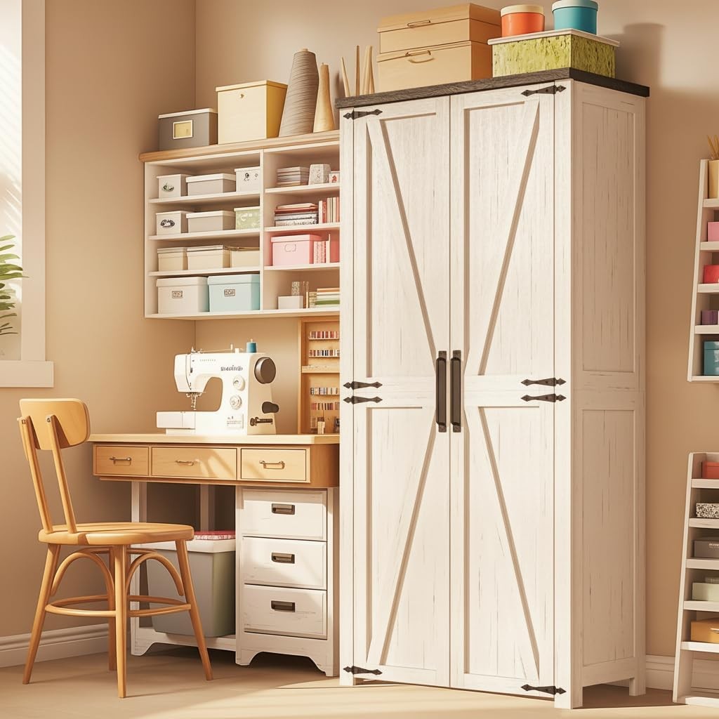 Craft Storage Cabinet with LED Lights​​ – 72″ Adjustable Shelves Sewing
