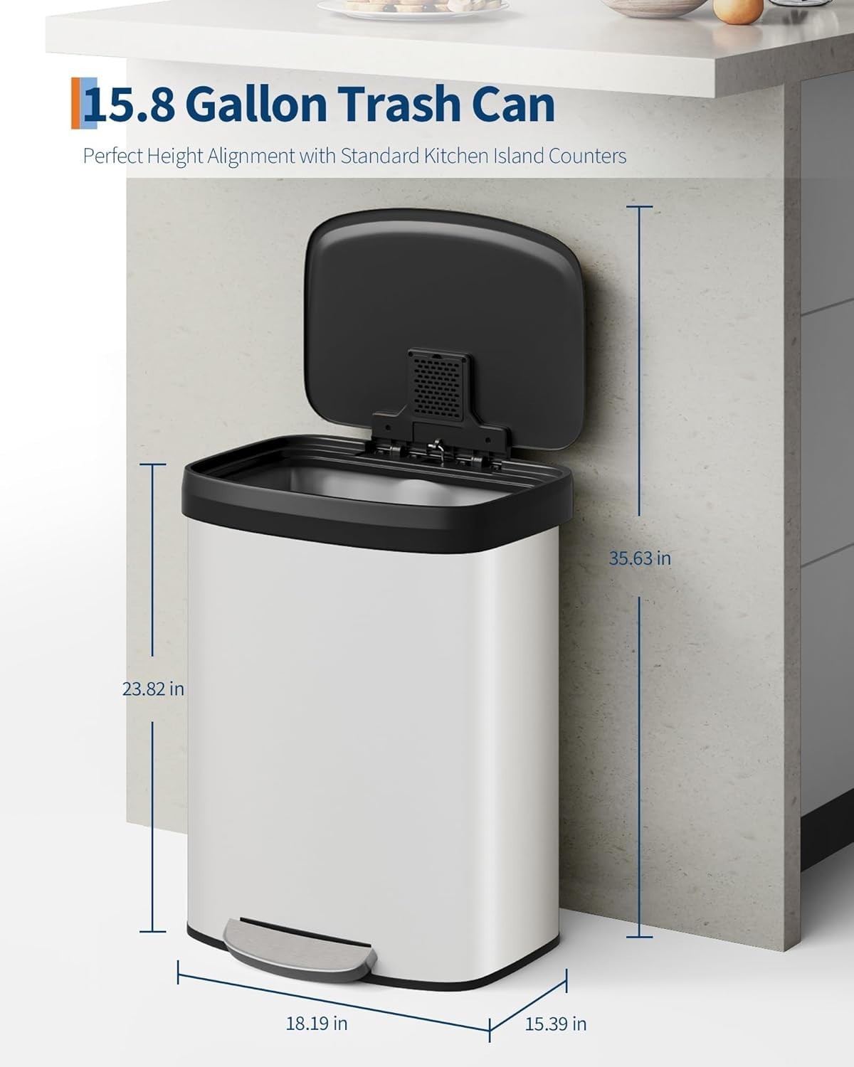 Touch-Free 60L Stainless Steel Step Trash Can 16 Gallon Soft-Close Lid Waste Bin