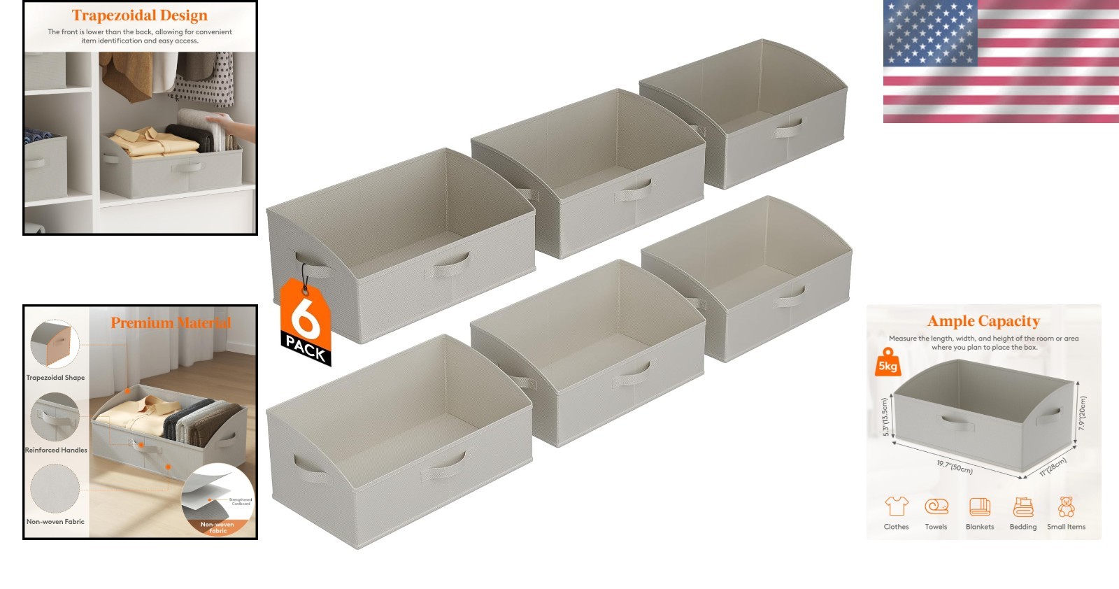 Extra Large Trapezoid Closet Storage Bins – 6-Pack, Foldable Organizer in Lig…