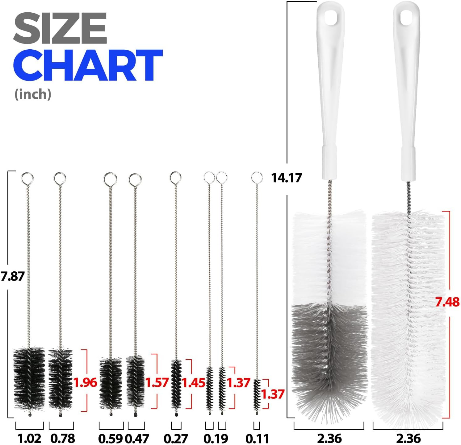 10 Pack Bottle Brush Set 15″ Long Handle Cleaner Brush,White | 15″ Long Handle B
